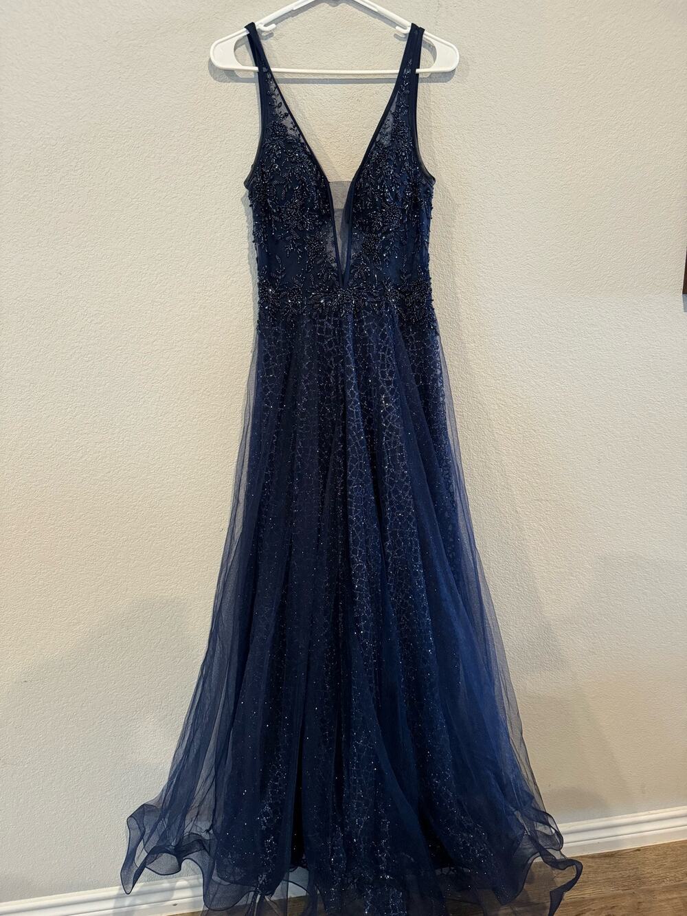 GB Glitter Tulle A-Line Formal Dress Deep V-Neck Evening Gown Size 13 Navy Blue